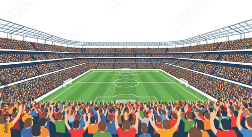 Countless cheering spectators fill a vast, multi-tiered stadium, watching a green soccer field with white markings in the distance.