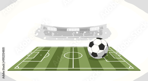 A classic black and white soccer ball rests on a striped green soccer field with a faint stadium outline in the background.