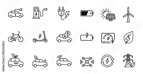 Electric Vehicle and Green Transport Outline Icon Set with EV Car, Charging Station, Bicycle, and Wind Turbine Symbols 
