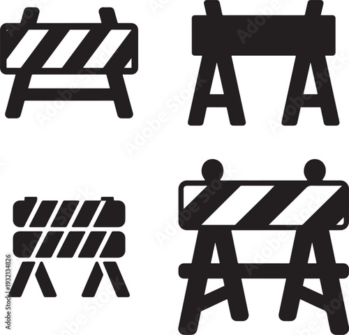 Construction barrier and sawhorse silhouette icons for roadwork and safety zoning