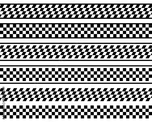 Set of borders or dividers with checkered texture. Tapes with rally flag, chess board, taxi or police print. Ribbons with repeated black and white squares. Vector graphic illustration