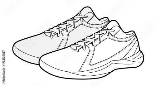 Basketball sneaker shoe sketch pair. High energy sport footwear for street style, urban outfit for man woman unisex. Technical fashion illustration, CAD mockup, detailed vector isolated bold style.