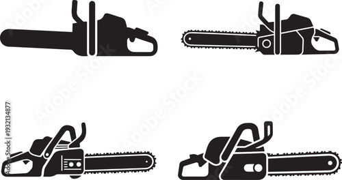 Professional chainsaw icons and power saw silhouettes for forestry and woodwork