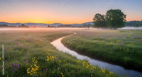Winding stream flows through a misty meadow at sunrise with distant rolling hills
