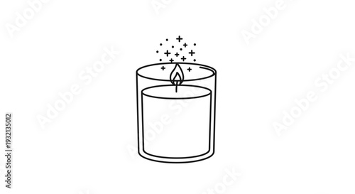 Line art drawing of a lit candle in a glass holder with gentle sparkles on an isolated white background