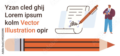 Creativity, education, writing, learning, study aids, content creation. A pencil, paper document and a person with a clipboard. Creativity and education concept visualization