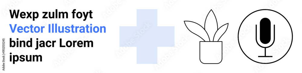 Obraz premium Health care, communication, minimalism, media design, content creation, wellness . Text alongside a cross, plant microphone symbol. Health care and communication-focused minimalistic concept