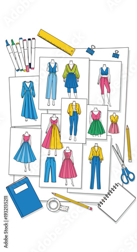 A top-down view of a white desk displays numerous fashion sketches of women's clothing designs, surrounded by colorful markers, a ruler, and scissors.