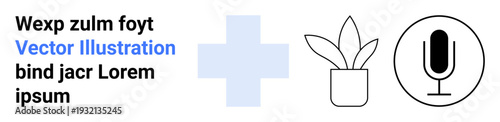 Health care, communication, minimalism, media design, content creation, wellness . Text alongside a cross, plant microphone symbol. Health care and communication-focused minimalistic concept