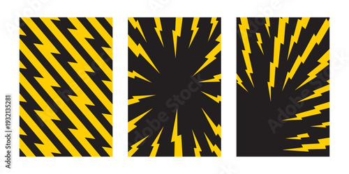 Set of vertical posters with yellow thunderbolt zigzag shapes on black background. Wallpapers with danger or shock manga style print. Flash electric light patterns. Vector flat illustration
