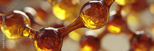 Amber glass molecular chain structure with translucent golden spheres and warm bokeh background, 3D scientific visualization for chemistry and pharmaceutical design