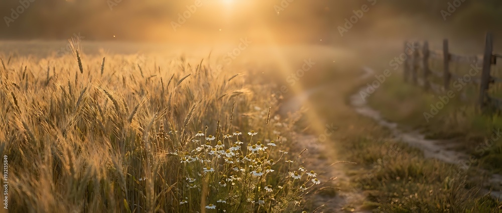 Obraz premium Golden wheat field at sunset with wildflowers along country path creating warm agricultural landscape for farming and harvest concepts.