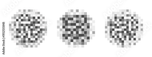 Set of round shapes with censor blur effect to hide face. Circles with checkered pixel texture for sensitive content censure on TV or social media. Censorship concept. Vector graphic illustration