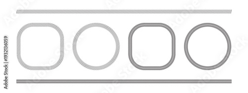 Set of dividers and round frames with slash and crossed lines borders. Slanted stitches and crosses embroidery ornaments. Simple sewing overlock fabric prints. Vector graphic illustration