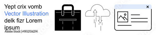 Technology, digital storage, web design, online services, business solutions, cloud computing. Black briefcase, cloud with arrow and browser window icons. Technology and digital storage concepts