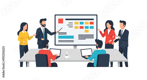 Business meeting with team discussing presentation on screen.