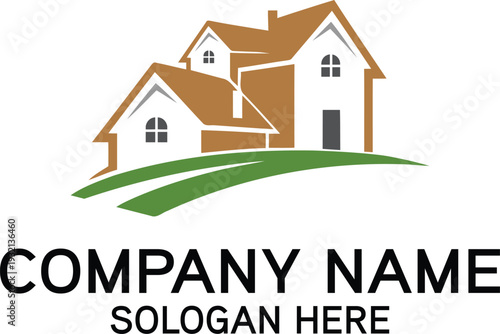 Real Estate Company Logo with Multiple Houses on Green Landscape