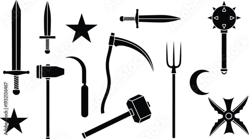 Medieval Weapon and Symbol Silhouettes Collection Isolated Vector Set