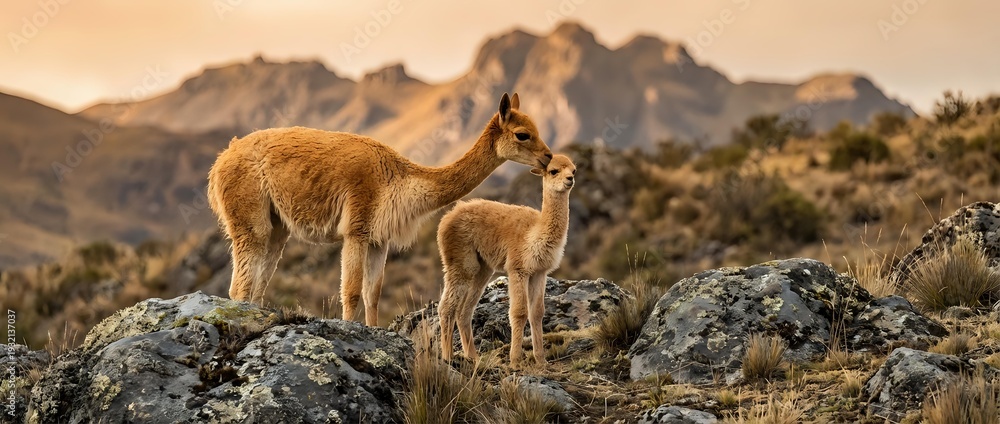 Fototapeta premium Vicuña family with mother and young cria standing on rocky terrain in Andean highlands during golden hour sunset light creating warm atmospheric wildlife scene.