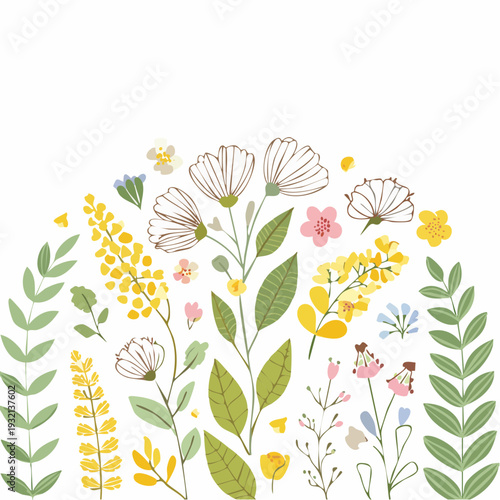 北欧風のボタニカル植物セット手描き線画ナチュラルおしゃれな花