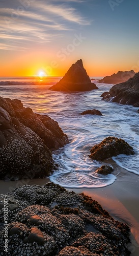 Brilliant sunset illuminates jagged sea stacks and tide pools along a rugged coastline.