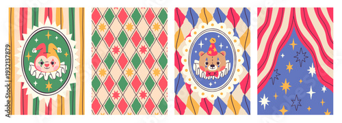 Circus cover design set with cute animals. Cartoon bear and bunny clowns, carnival pattern diamond vintage prints. Children birthday invitation card background. Vector illustration