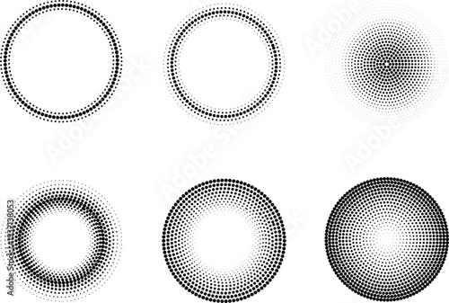 Set of halftone dot circular shapes with varying density and shading on a white background