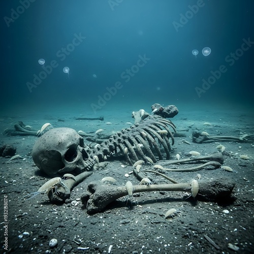 Sunken human skeleton rests on dark seabed surrounded by small marine crustaceans and floating organisms