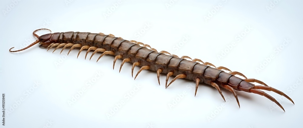 Fototapeta premium Brown centipede with multiple legs and segmented body isolated on white background for educational and scientific design projects.