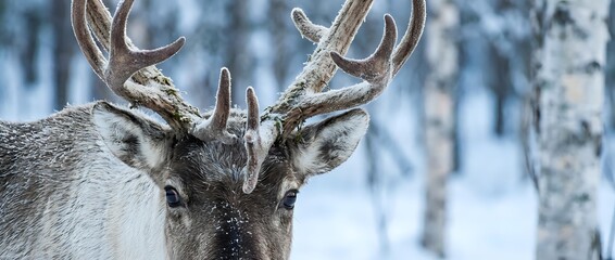 Majestic reindeer with impressive antlers standing in snowy winter forest landscape. Wildlife photography capturing arctic nature and cold season atmosphere.