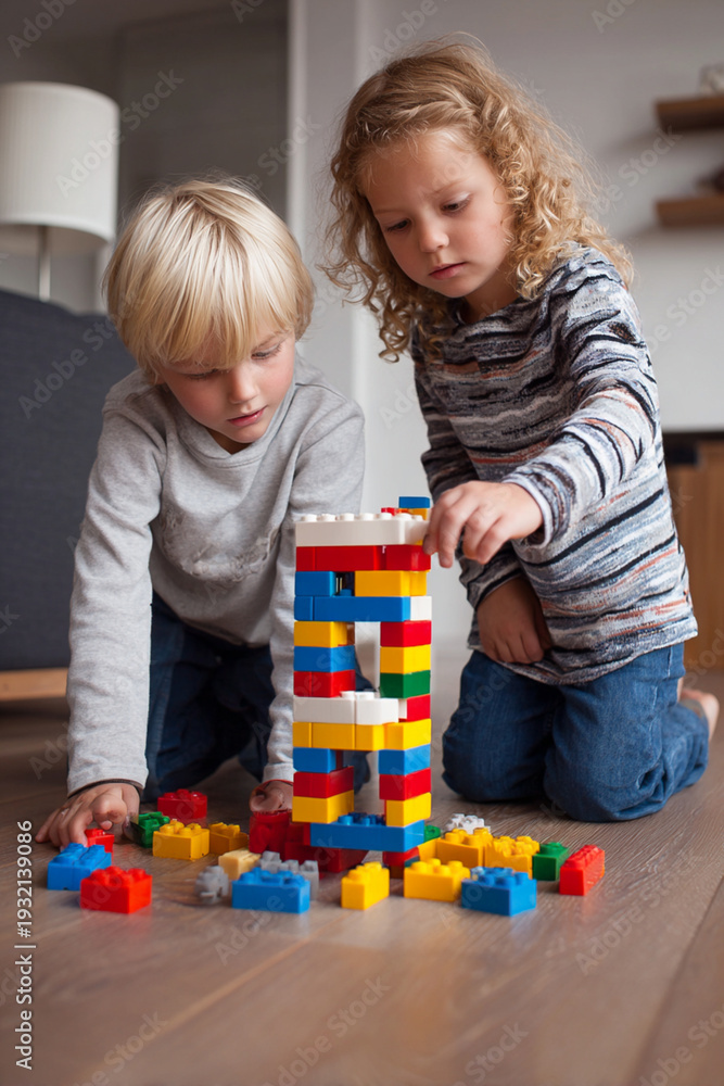 Fototapeta premium Playtime Adventure: Kids Building with Colorful Construction Toys for Creative Learning and Child Development at Home