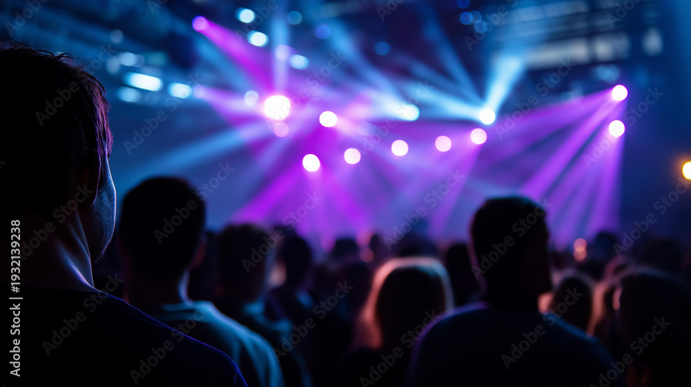 Naklejka premium Silhouettes of people moving and dancing under intense blue and purple ultraviolet lighting in a nightclub with a DJ on a raised stage, defocused crowd background, nightlife event