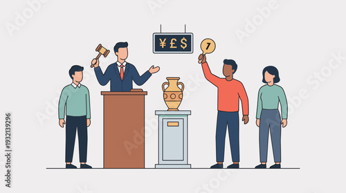 Professional auctioneer holding a wooden gavel at a podium conducting a public auction for an antique vase while a diverse group of bidders participate with paddles in a flat vector style.