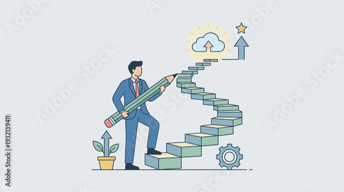 Businessman Drawing Staircase to Success with Giant Pencil for Career Growth, Path Planning, Self Improvement, Leadership, Goal Achievement, Professional Development and Progress Concept.