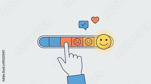 Customer satisfaction and feedback concept with a hand touching a loading bar for rating, featuring happy, neutral, and sad emoji faces, heart icon, and checkmark for service evaluation.