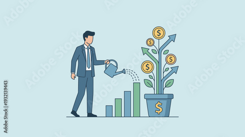 Businessman in Suit Watering a Money Tree with Dollar Coins and Upward Arrows, Representing Financial Investment Growth, Wealth Accumulation, Profit Increase, and Successful Business Strategy