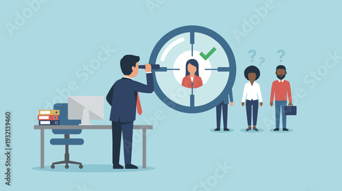 Recruitment and human resources concept with businessman using telescope to find the right candidate for a job vacancy. Talent acquisition, headhunting, and employee selection process vector.