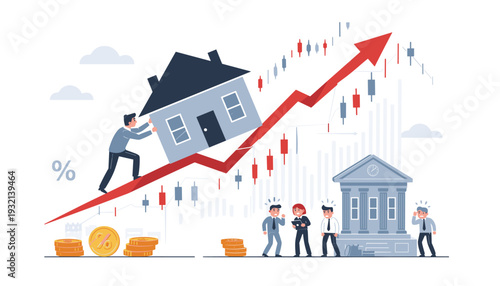 Man Pushing House Up Rising Financial Arrow Representing High Real Estate Prices, Inflation, and Mortgage Struggles. People Worried Near Bank During Property Market Crisis and Economic Inflation.