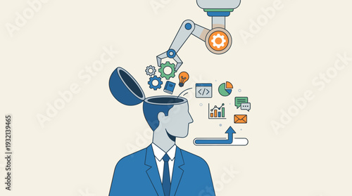 Upskilling and Professional Development Concept with Robotic Arm Placing Knowledge, Digital Skills and Innovation into Human Mind, Learning New Technologies, Career Growth and Education Vector