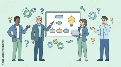 Business Team Collaborating on Flowchart to Find Solutions and Solve Problems. Mentoring and Consulting Concept with Diverse People, Gears, Lightbulb, and Question Marks. Vector Illustration.