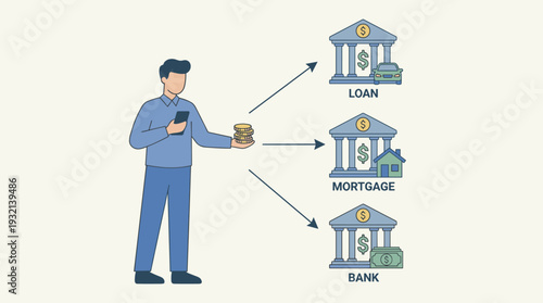 Man using smartphone to transfer money and pay for bank services like car loan, home mortgage, and savings account, financial management concept with flat vector illustration style on white.