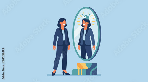 Empowered Businesswoman Looking in Mirror Seeing a Crown on Her Reflection, Concept of Self-Confidence, High Self-Esteem, Ambition, Success, Positive Self-Image, Leadership, and Career Growth.