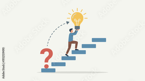 Businessman Climbing Stairs Carrying a Bright Light Bulb Idea to Solve a Question Mark Problem, Concept of Innovation, Creative Thinking, Finding Solutions, Success, and Career Growth.