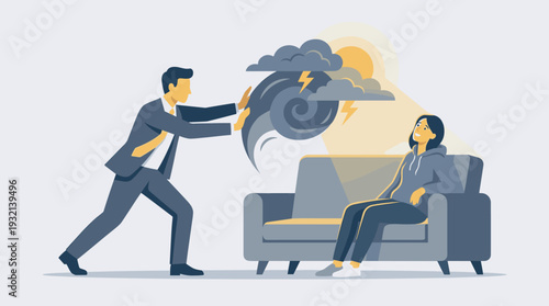 Psychological therapy session concept with professional therapist protecting patient from stress, depression, and emotional burnout. Mental health support, counseling, and trauma recovery illustration
