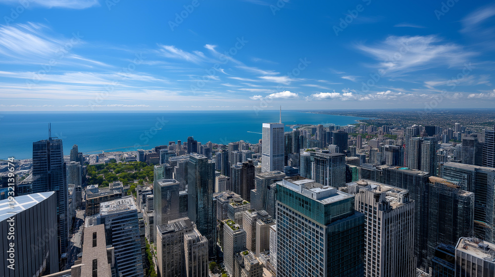 Obraz premium Panoramic cityscape with many tall buildings and a large body of water in the background, defocused background, urban skyline concept, city architecture, with copy space