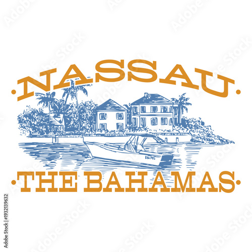 Vintage Nassau Bahamas Badge Featuring Tropical Turquoise Waters and Iconic Historic Island Landmarks