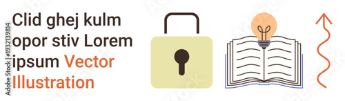 Education, security, innovation, intellectual growth, protected knowledge, creative ideas. Open book with lightbulb, lock and arrow. Security and education concepts