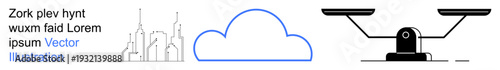 Justice system, legal equality, cloud computing, urban planning, modernization, balance. A cityline, cloud shape and scales. Legal equality and cloud computing concepts