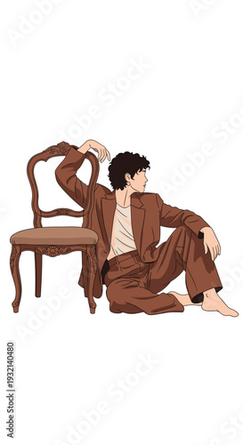 A man with curly dark hair, dressed in a brown suit, is sitting barefoot on the floor next to a classic wooden chair, looking away thoughtfully.