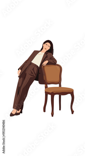 A stylish woman dressed in a brown suit is casually leaning against an ornate classic wooden chair, striking a relaxed pose on a white background.